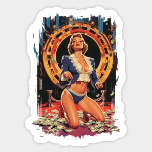 A Fortune's Fallen Goddess A Sultry Retro Siren Counting Her Cash in a Blue and White Lace Power Play Sticker